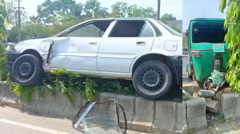 নারায়ণগঞ্জে লিংক রোডে প্রাইভেটকারের ধাক্কায় অটোরিকশার ৩ যাত্রী আহত